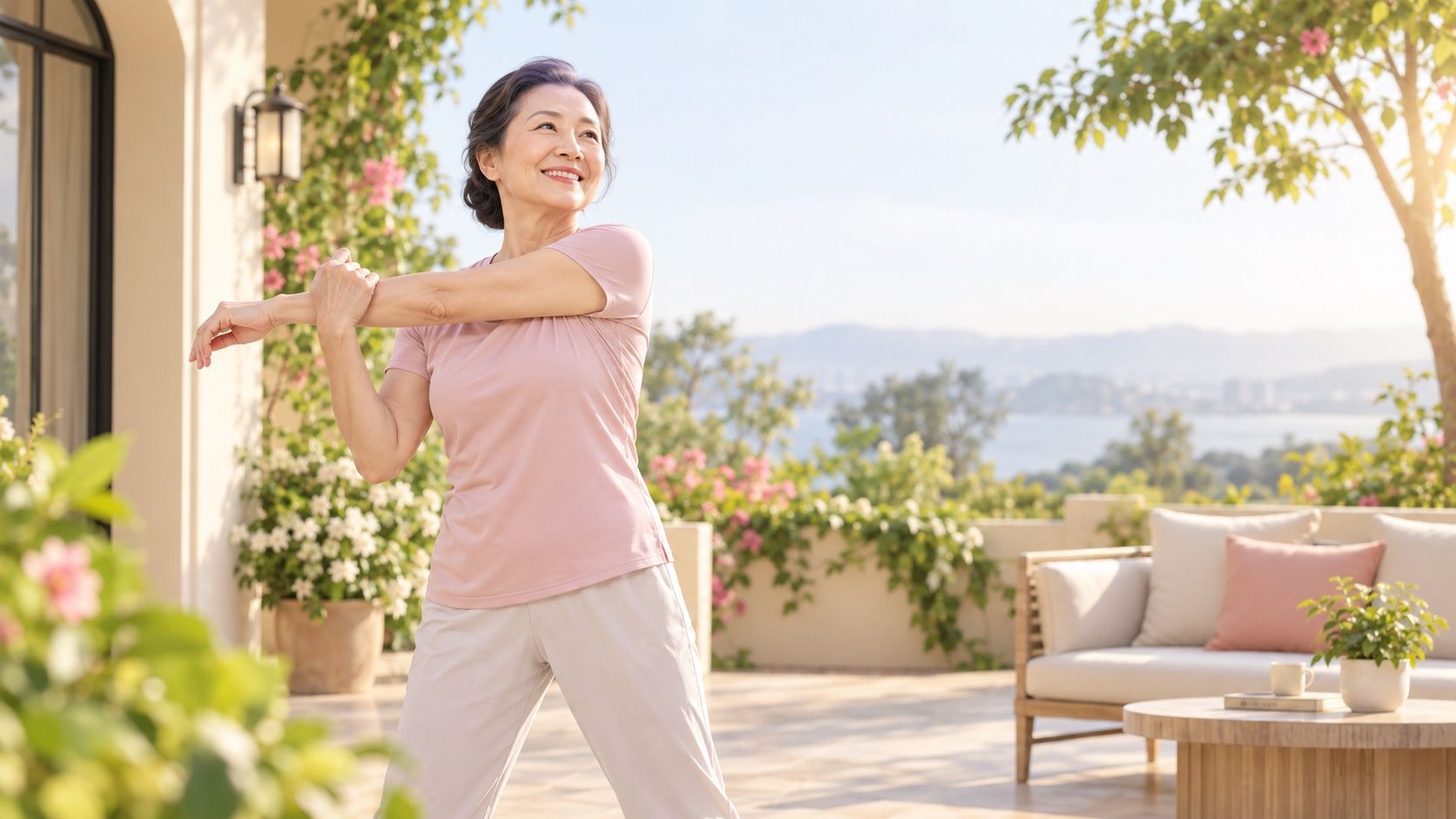 Người phụ nữ Việt Nam lớn tuổi vận động nhẹ trên sân vườn