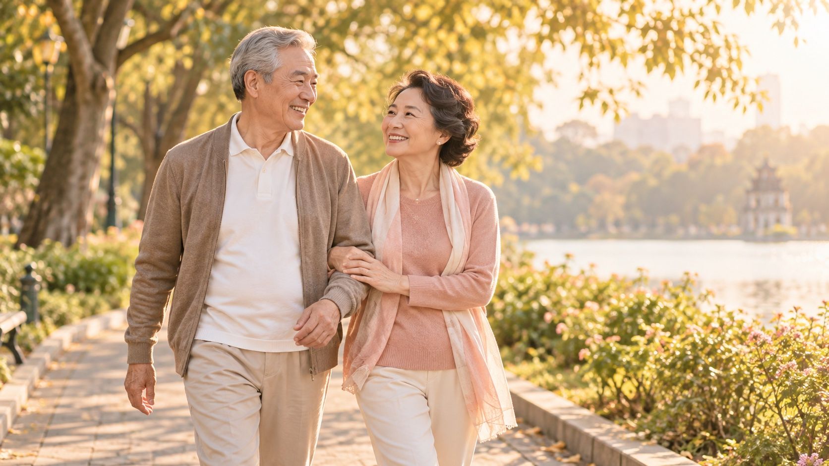 Cặp đôi cao tuổi Việt Nam đi bộ khỏe mạnh trong công viên