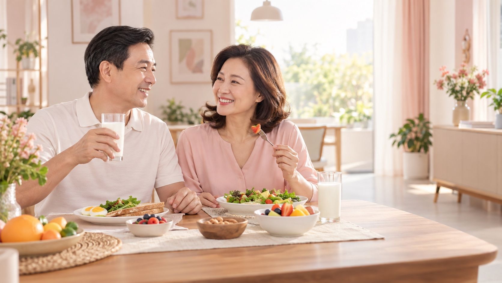 Cặp đôi Việt Nam khỏe mạnh dùng bữa sáng cùng sữa dinh dưỡng