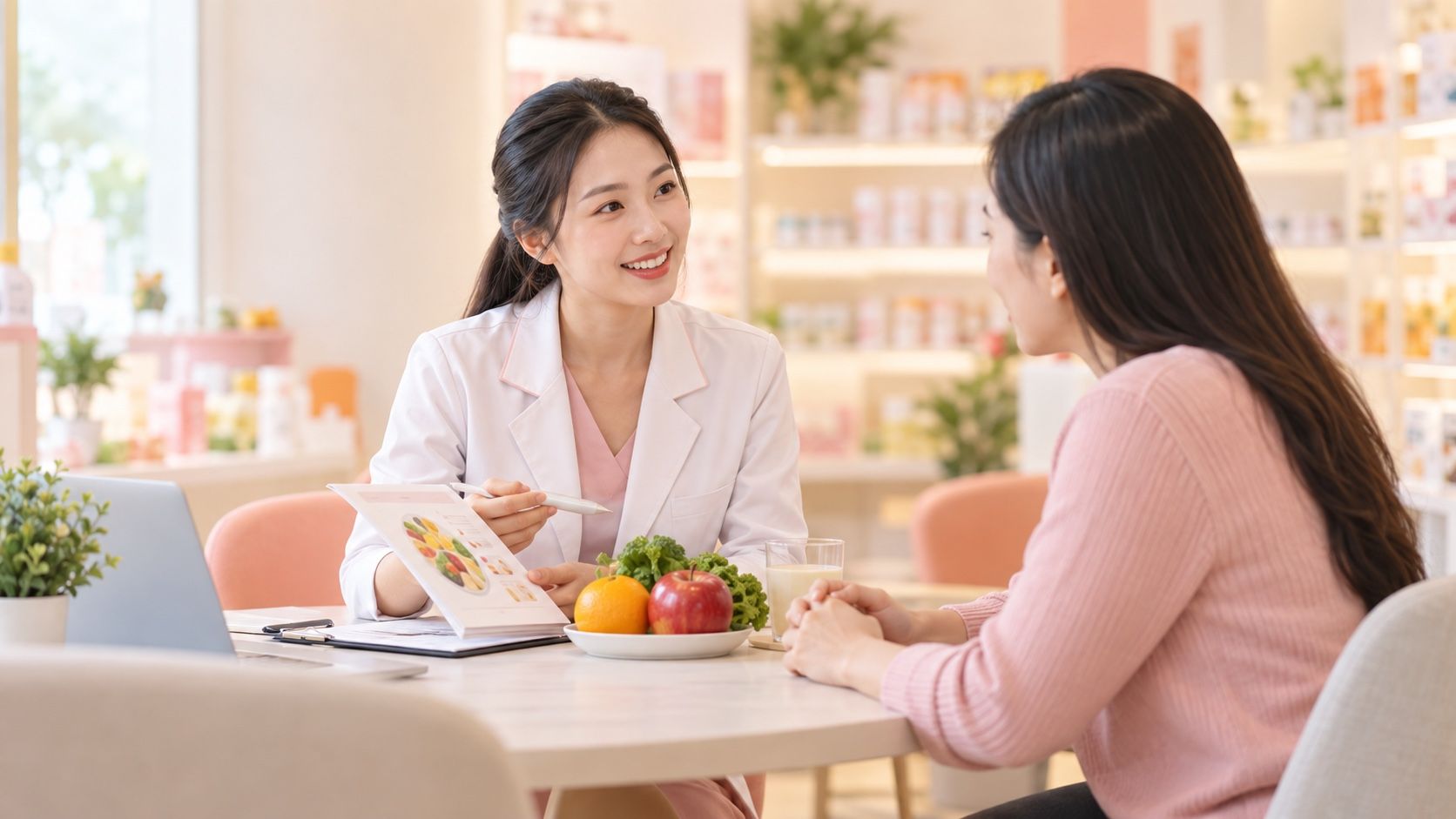 Chuyên viên tư vấn dinh dưỡng trò chuyện cùng khách hàng